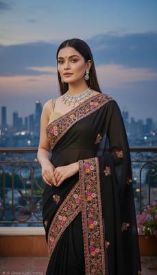 Black Georgette Embroidery With Zarkan Work Saree with Unstitched and Blouse Piece 4
