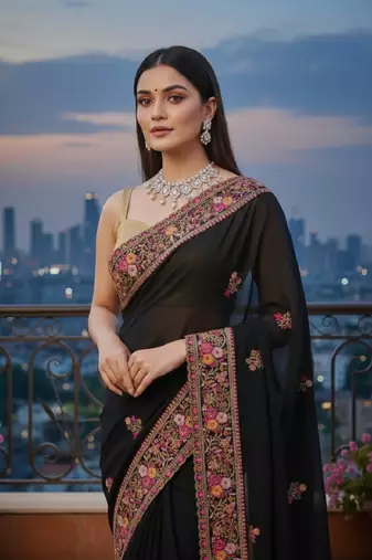 Black Georgette Embroidery With Zarkan Work Saree with Unstitched and Blouse Piece