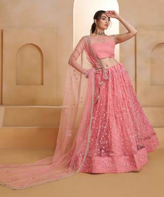 Light Pink net sequin embroidered lehenga set with choli and dupatta 1