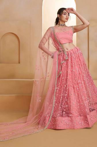 Light Pink net sequin embroidered lehenga set with choli and dupatta