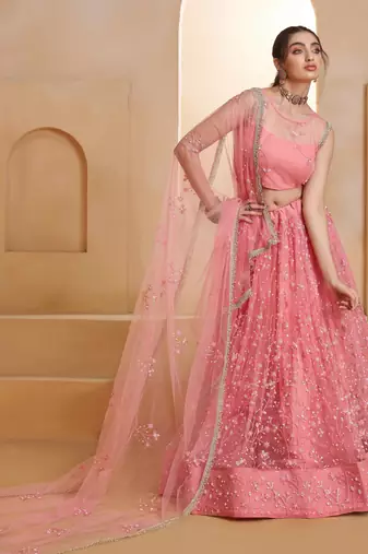 Light Pink net sequin embroidered lehenga set with choli and dupatta