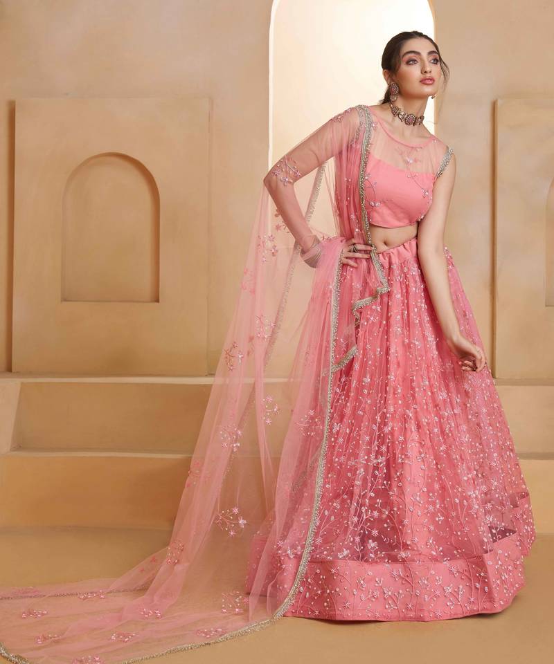 Light Pink net sequin embroidered lehenga set with choli and dupatta