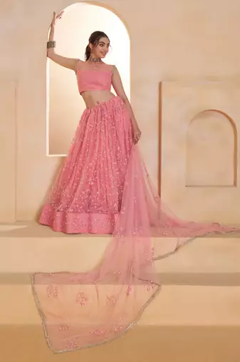 Light Pink net sequin embroidered lehenga set with choli and dupatta