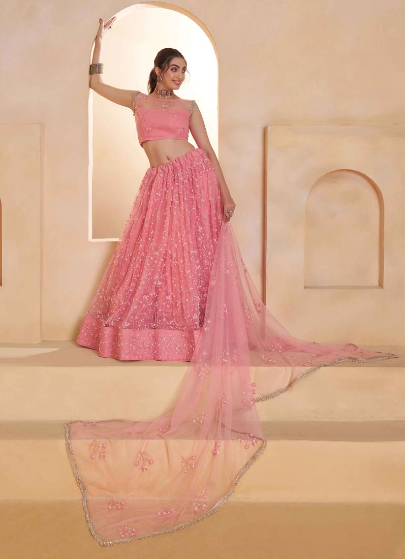 Light Pink net sequin embroidered lehenga set with choli and dupatta