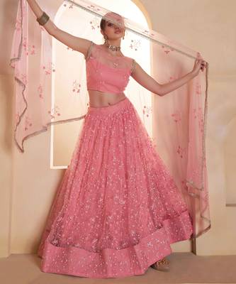 Light Pink net sequin embroidered lehenga set with choli and dupatta 4