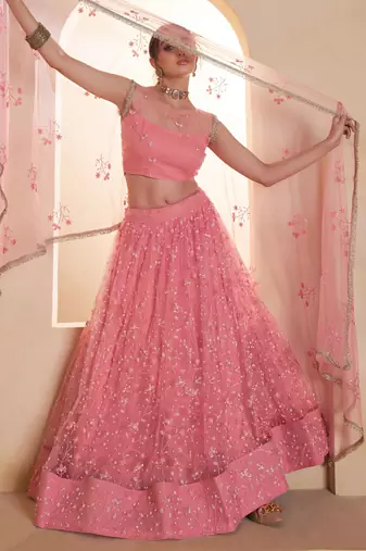 Light Pink net sequin embroidered lehenga set with choli and dupatta