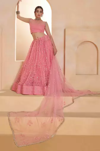 Light Pink net sequin embroidered lehenga set with choli and dupatta
