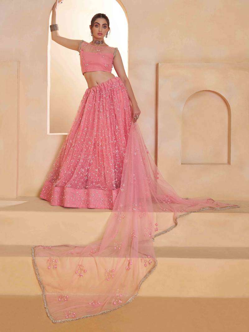 Light Pink net sequin embroidered lehenga set with choli and dupatta