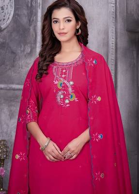 Rani Pink Color Embroidery Thread With Hand Work Roman Silk Kurta Pent Seta   2