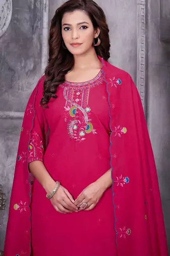 Rani Pink Color Embroidery Thread With Hand Work Roman Silk Kurta Pent Seta  