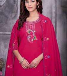 Rani Pink Color Embroidery Thread With Hand Work Roman Silk Kurta pant Set