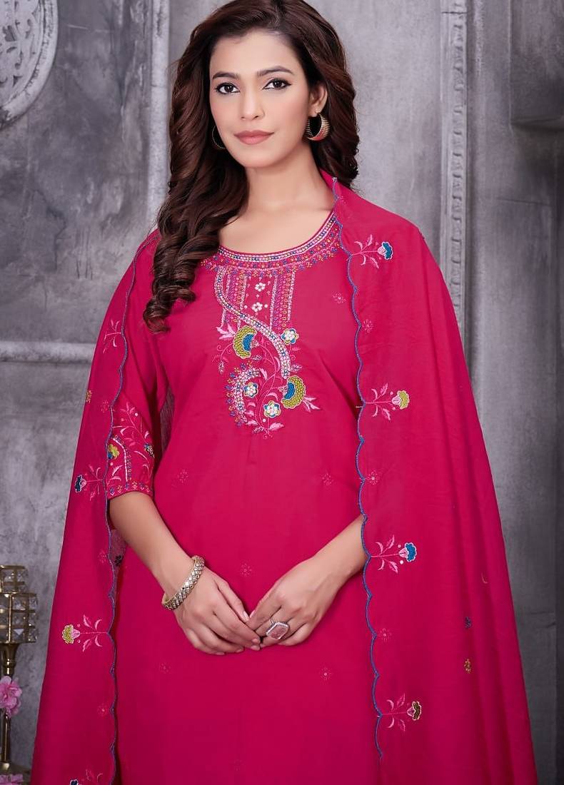Rani Pink Color Embroidery Thread With Hand Work Roman Silk Kurta pant Set