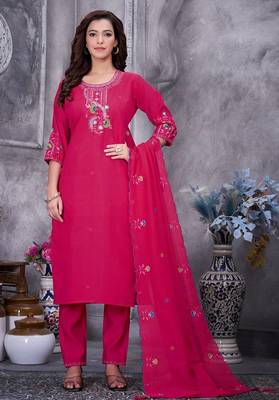 Rani Pink Color Embroidery Thread With Hand Work Roman Silk Kurta Pent Seta   1