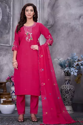 Rani Pink Color Embroidery Thread With Hand Work Roman Silk Kurta pant Set