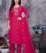 Rani Pink Color Embroidery Thread With Hand Work Roman Silk Kurta pant Set