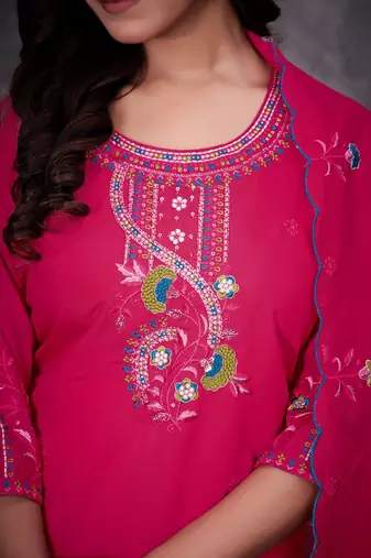 Rani Pink Color Embroidery Thread With Hand Work Roman Silk Kurta Pent Seta  