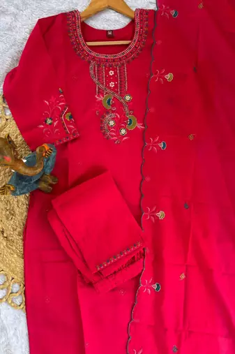 Rani Pink Color Embroidery Thread With Hand Work Roman Silk Kurta Pent Seta  