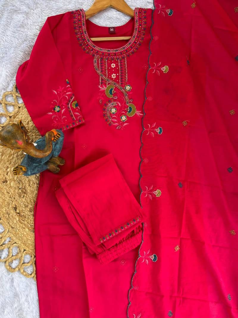 Rani Pink Color Embroidery Thread With Hand Work Roman Silk Kurta pant Set