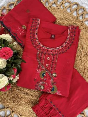 Rani Pink Color Embroidery Thread With Hand Work Roman Silk Kurta Pent Seta   5