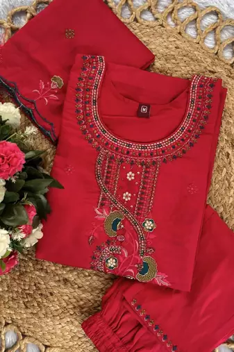 Rani Pink Color Embroidery Thread With Hand Work Roman Silk Kurta Pent Seta  