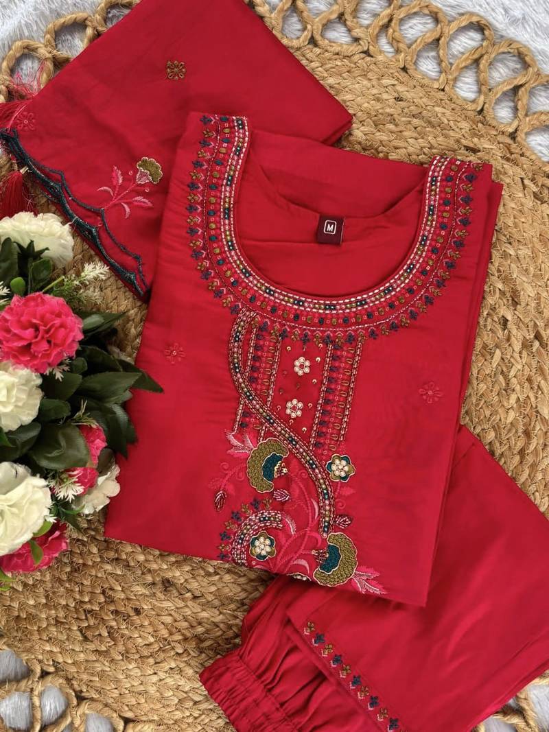 Rani Pink Color Embroidery Thread With Hand Work Roman Silk Kurta pant Set