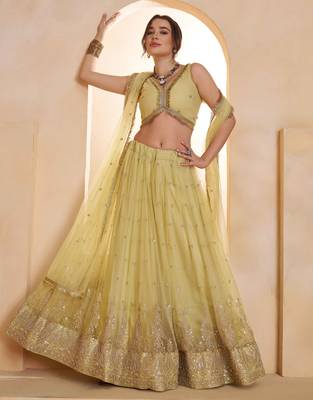 Lemon Yellow net sequin embroidered lehenga set with choli and dupatta 1