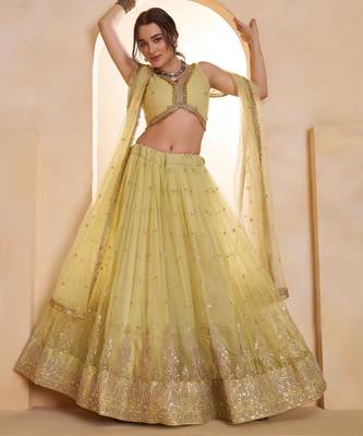 Lemon Yellow net sequin embroidered lehenga set with choli and dupatta 2