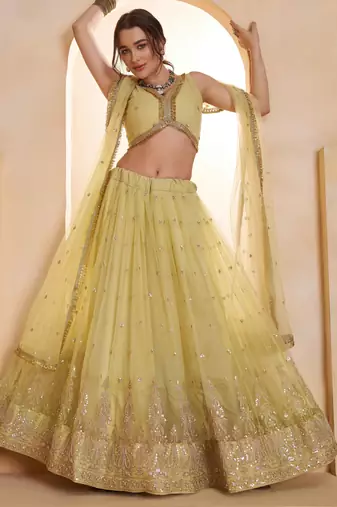 Lemon Yellow net sequin embroidered lehenga set with choli and dupatta