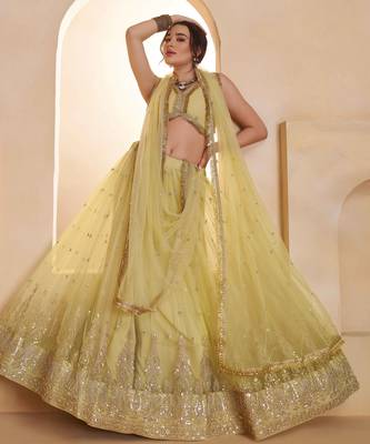 Lemon Yellow net sequin embroidered lehenga set with choli and dupatta 3