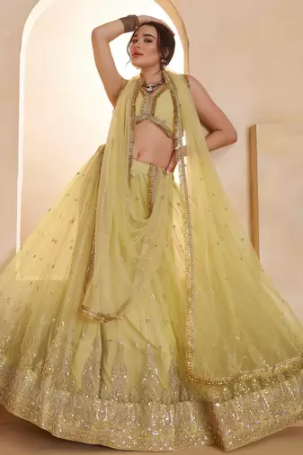 Lemon Yellow net sequin embroidered lehenga set with choli and dupatta