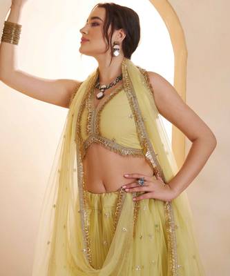 Lemon Yellow net sequin embroidered lehenga set with choli and dupatta 4