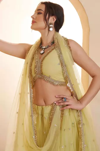 Lemon Yellow net sequin embroidered lehenga set with choli and dupatta