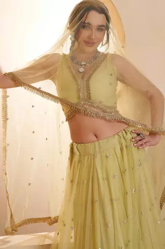 Lemon Yellow net sequin embroidered lehenga set with choli and dupatta