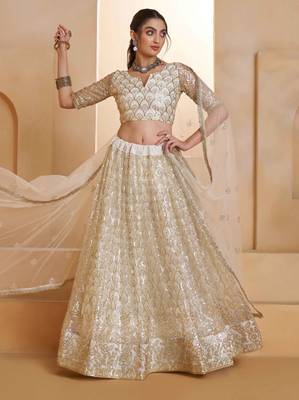 Off White net sequin embroidered lehenga set with choli and dupatta 2