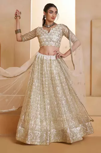 Off White net sequin embroidered lehenga set with choli and dupatta
