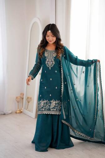 teal embroidered kurta set with dupatta