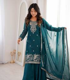teal embroidered kurta set with dupatta