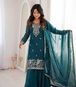 teal embroidered kurta set with dupatta