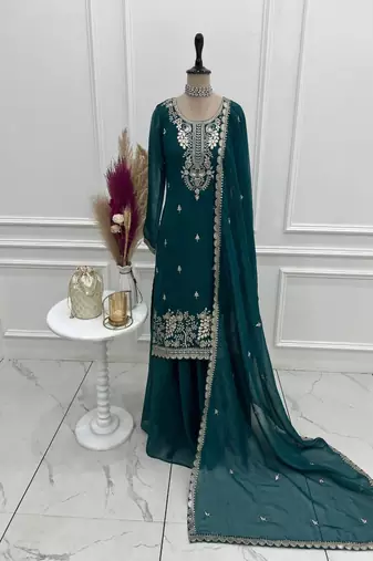 teal embroidered kurta set with dupatta