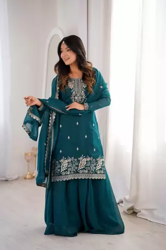 teal embroidered kurta set with dupatta
