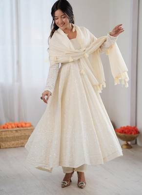 ivory anarkali suit with tassel dupatta 1