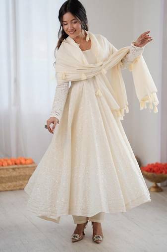 ivory anarkali suit with tassel dupatta