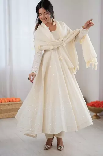 ivory anarkali suit with tassel dupatta