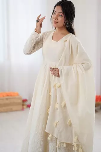 ivory anarkali suit with tassel dupatta