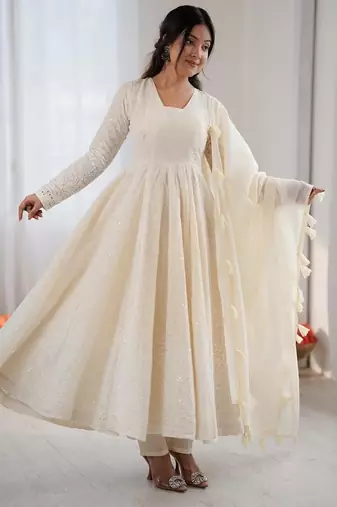 ivory anarkali suit with tassel dupatta