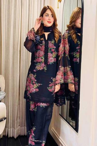 black floral sheer kurta set