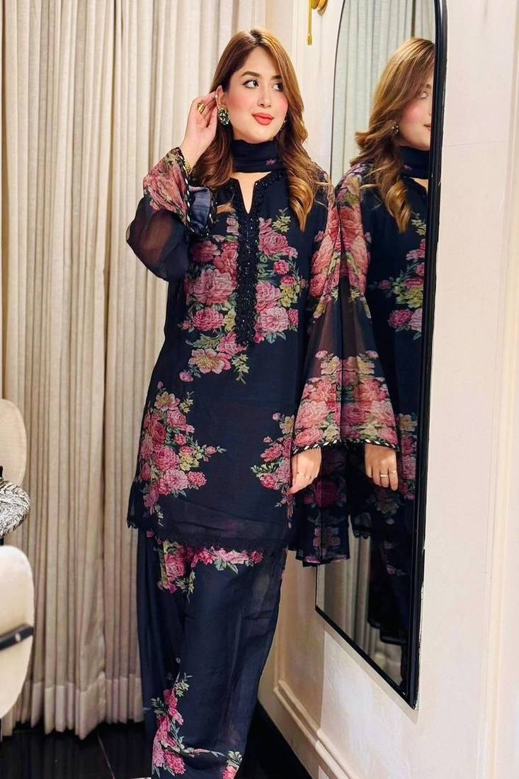 black floral sheer kurta set