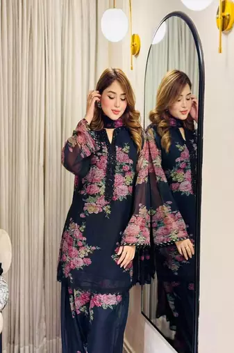 black floral sheer kurta set