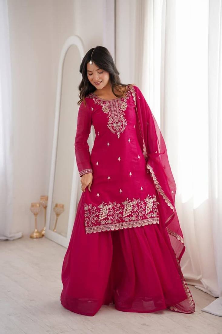hot pink embroidered kurta with sharara & dupatta