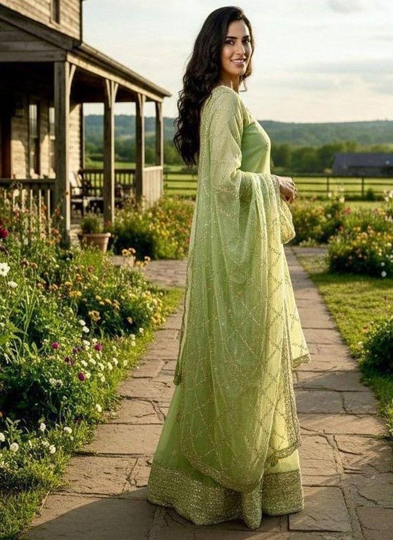 pastel green designer sharara set